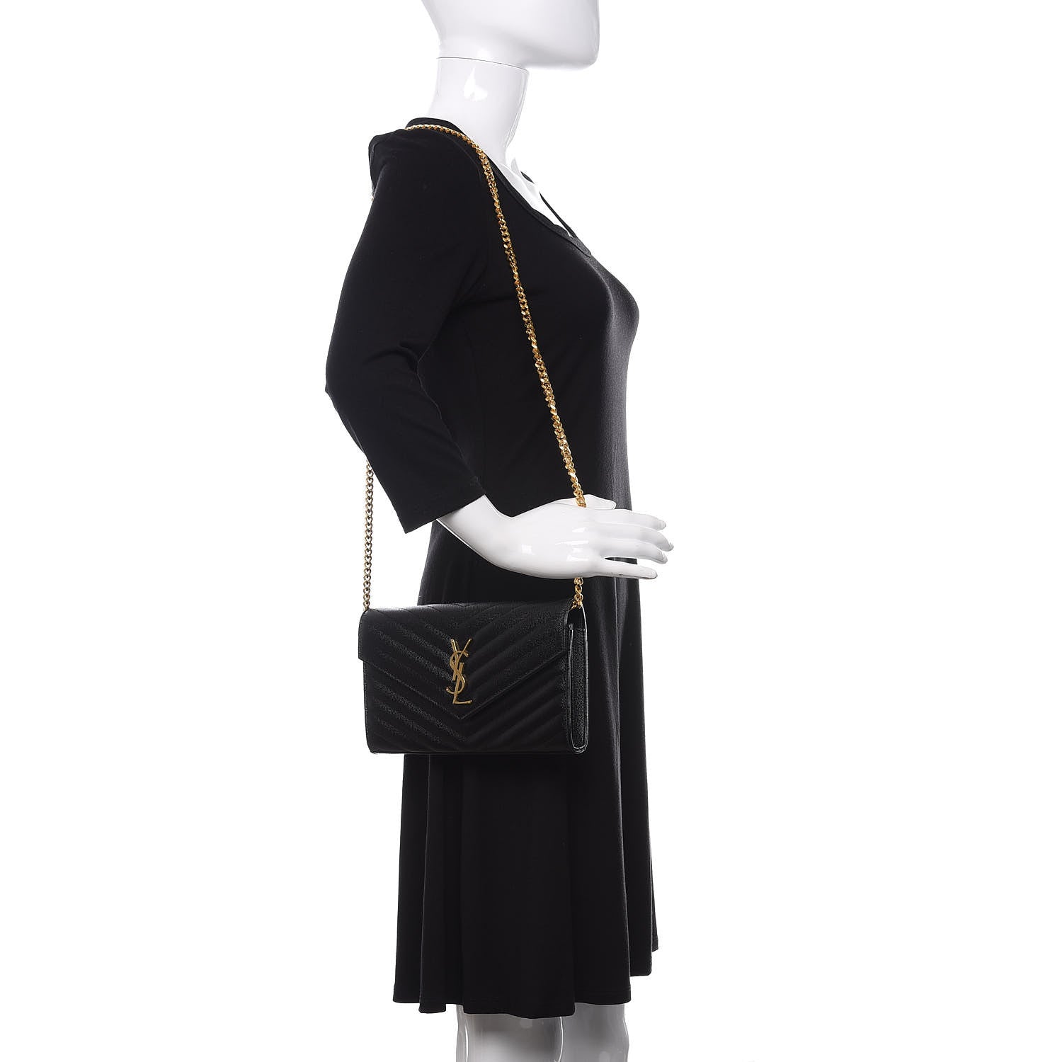 Saint Laurent Grain De Poudre Matelasse Chevron Monogram Chain Wallet Black 2 of 10