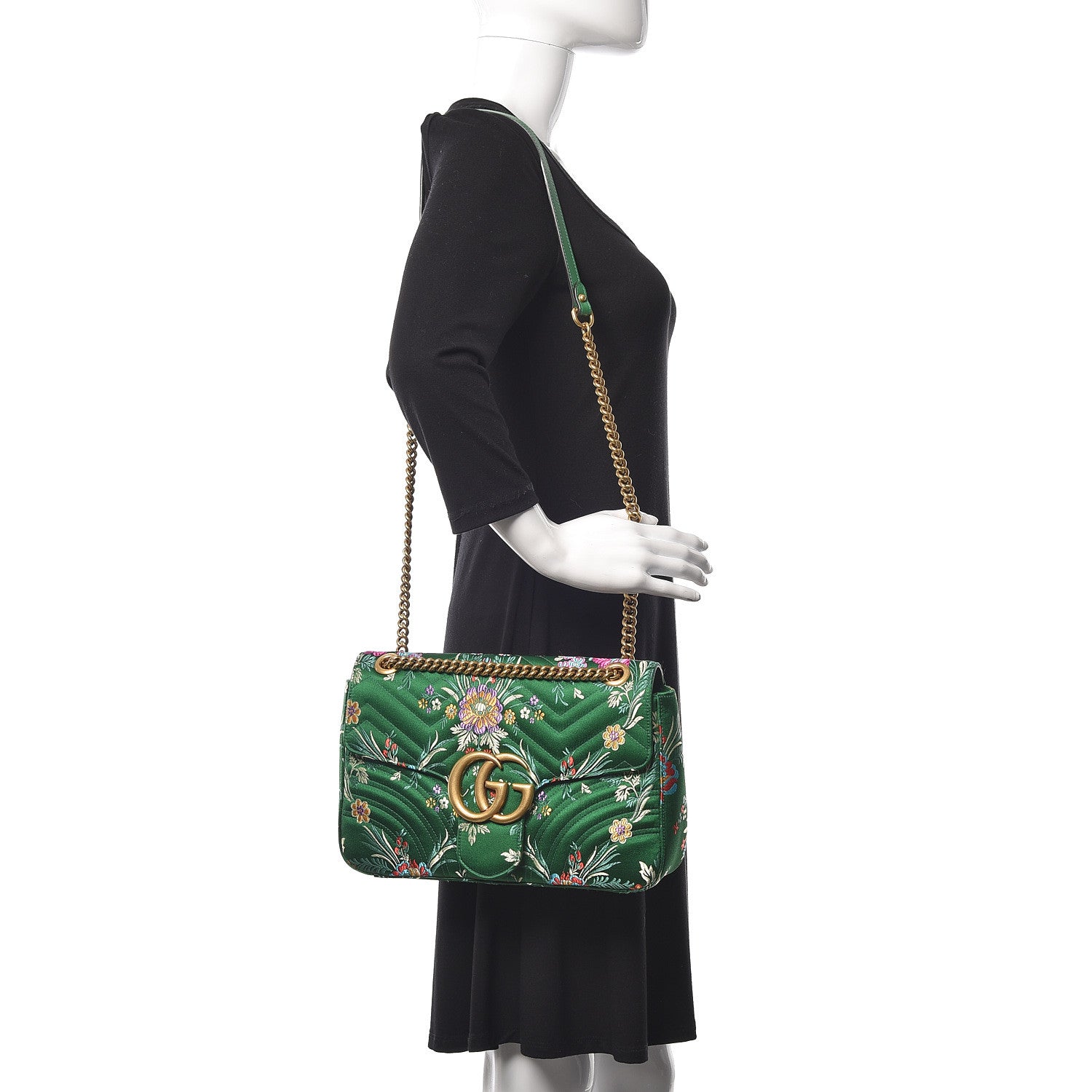 Gucci Jacquard Matelasse Floral Medium GG Marmont Shoulder Bag Green 2 of 17