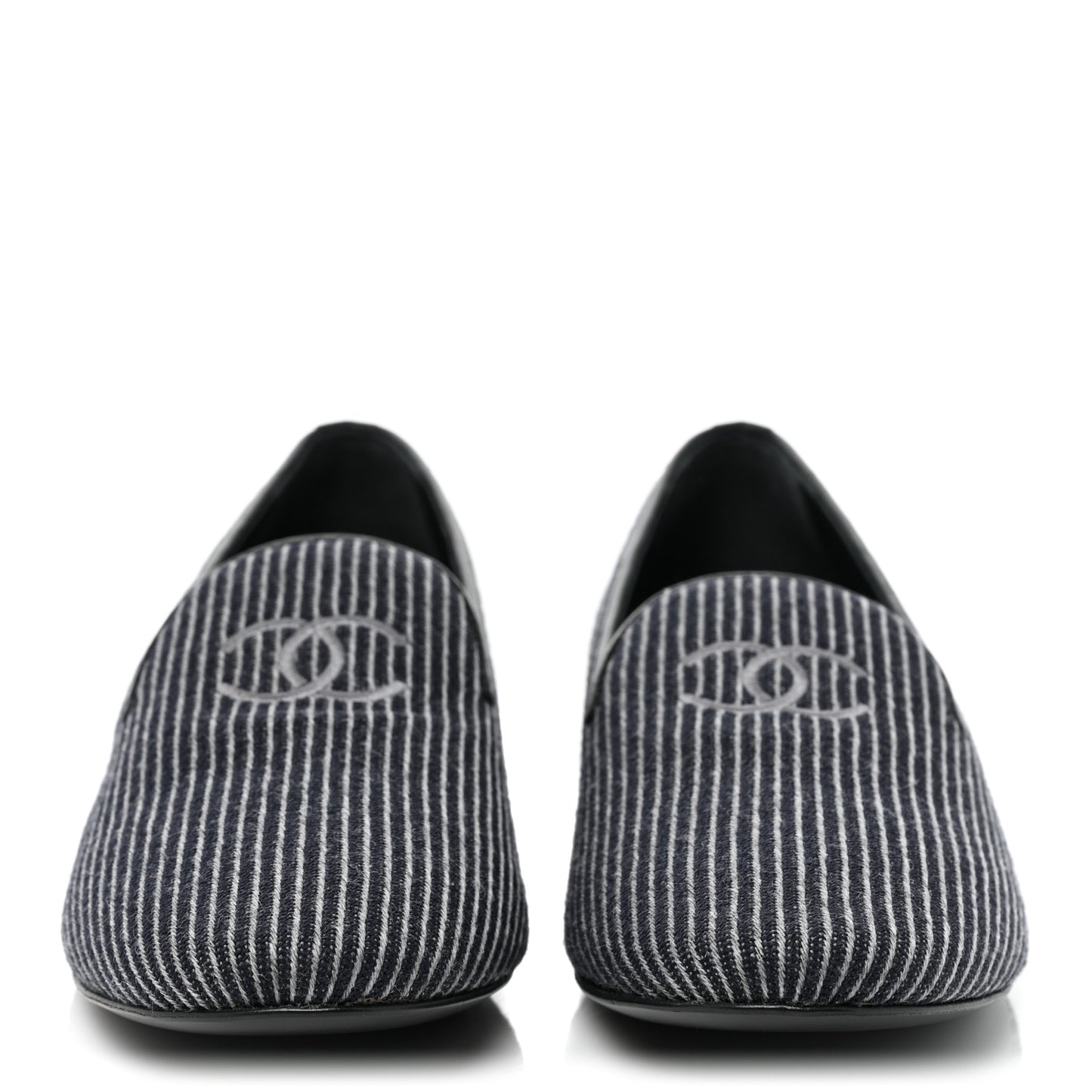 Fabric Lambskin Womens CC Stripe Mocassin Loafers 41 Grey Dark Blue