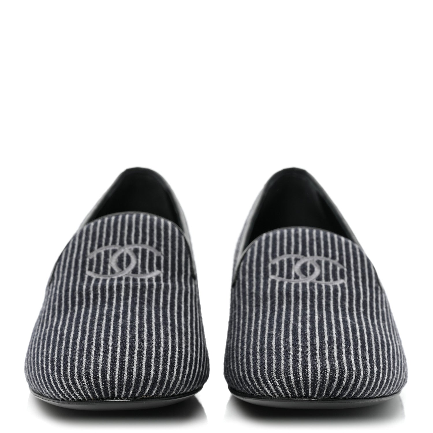Chanel Fabric Lambskin Womens CC Stripe Mocassin Loafers 41 Grey Dark Blue 2 of 8