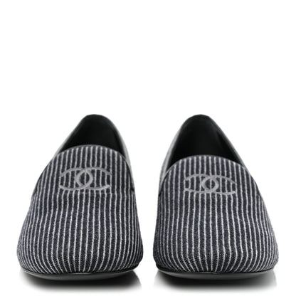 Chanel Fabric Lambskin Womens CC Stripe Mocassin Loafers 41 Grey Dark Blue 2 of 8