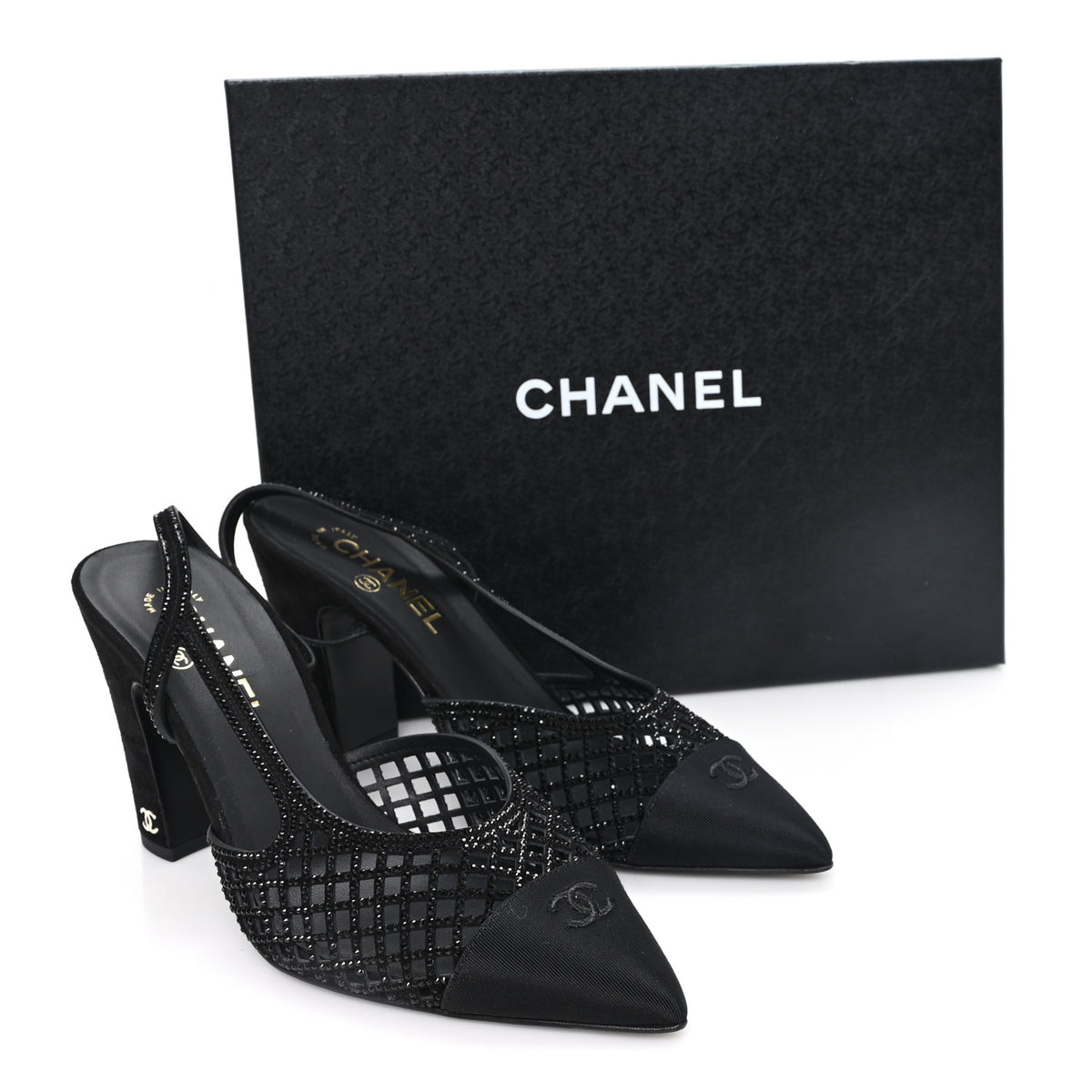 Chanel Suede Strass Grosgrain Cap Toe CC Slingback Pumps 39 Black 10 of 10