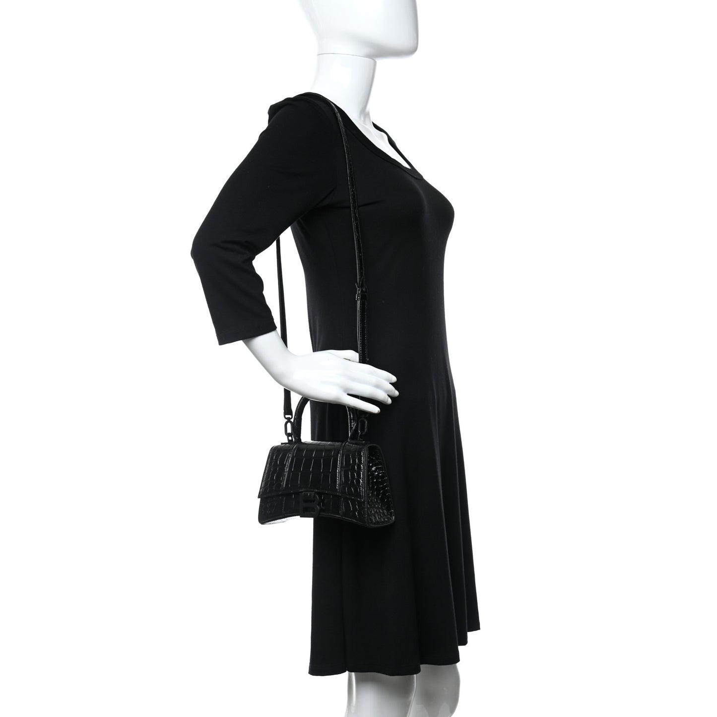 Shiny Calfskin Crocodile Embossed Hourglass Chain Bag Black