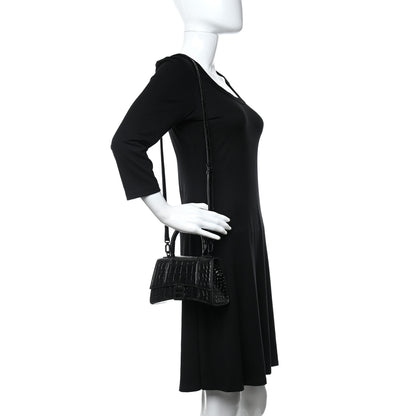 Balenciaga Shiny Calfskin Crocodile Embossed Hourglass Chain Bag Black 2 of 9
