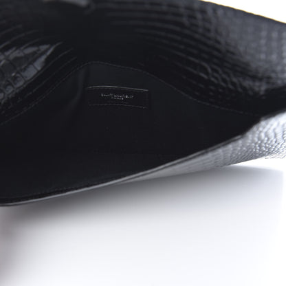 Saint Laurent Calfskin Crocodile Embossed Uptown Monogram Clutch Black 5 of 8