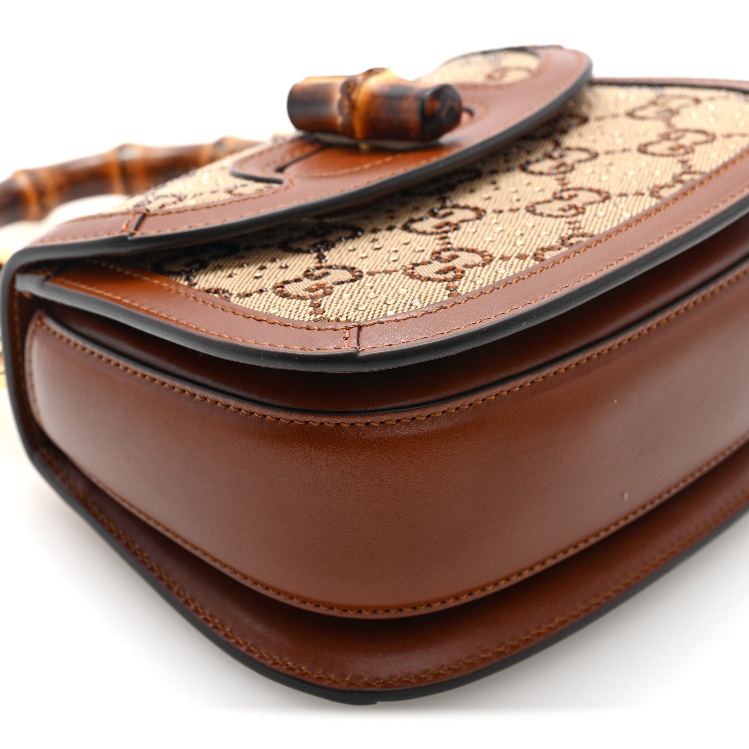 Gucci New Canvas Charisma Calfskin Crystal GG Monogram Small Bamboo 1947 Top Handle Bag Camel Ebony 8 of 9