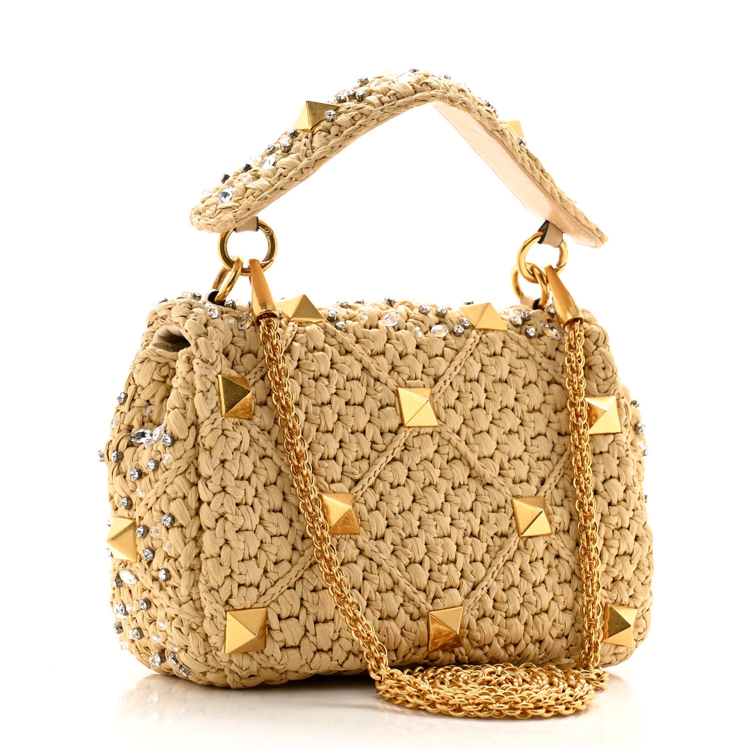 Valentino Garavani Raffia Crystal Medium Roman Stud Shoulder Bag Naturale Crystal 3 of 11