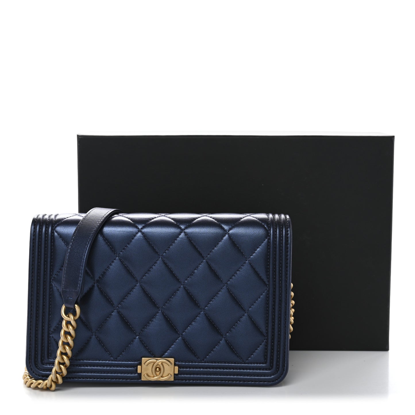 Metallic Calfskin Quilted Boy Wallet On Chain WOC Navy Blue