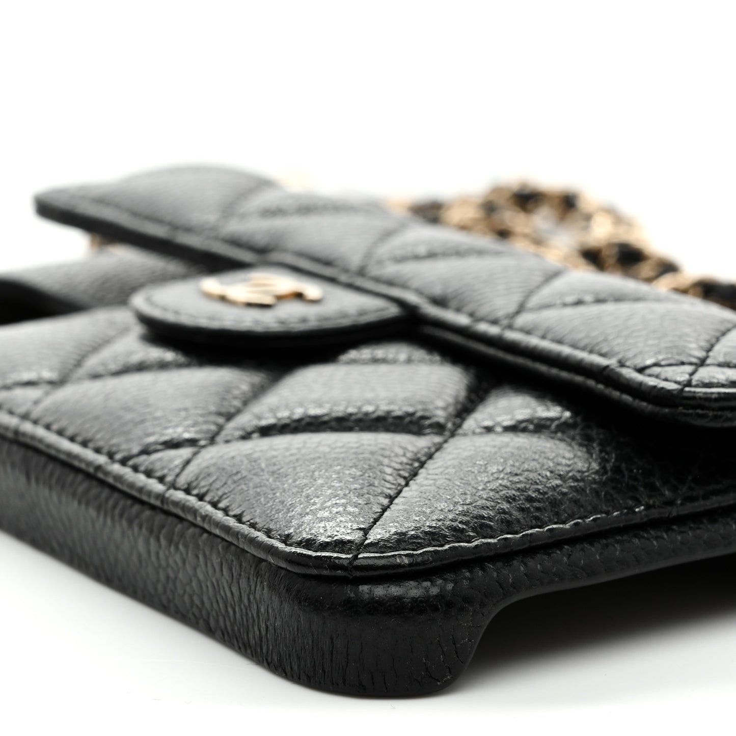 Caviar Quilted Pearl Crush iPhone XII Pro Max Holder With Chain Black