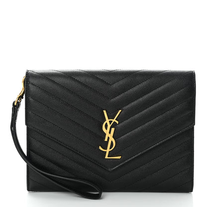 Saint Laurent Grain De Poudre Matelasse Chevron Monogram Envelope Clutch Black 1 of 10