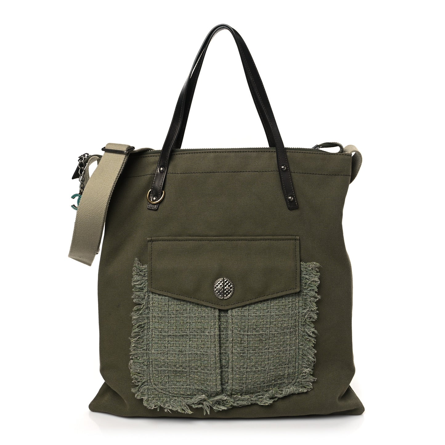 Canvas Tweed Stitched Cuba Patchwork Large Crossbody Shopper Tote Khaki