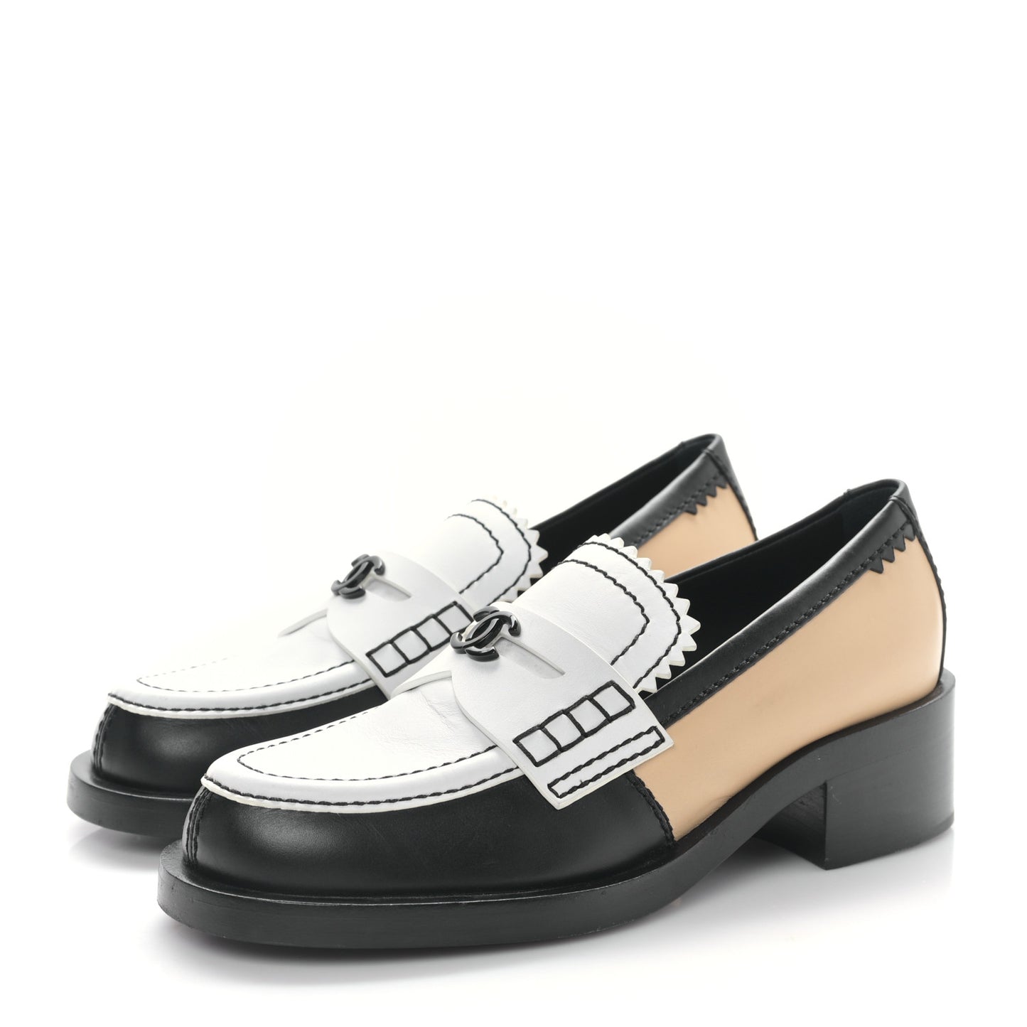 Calfskin CC Loafers 36.5 Black White Beige
