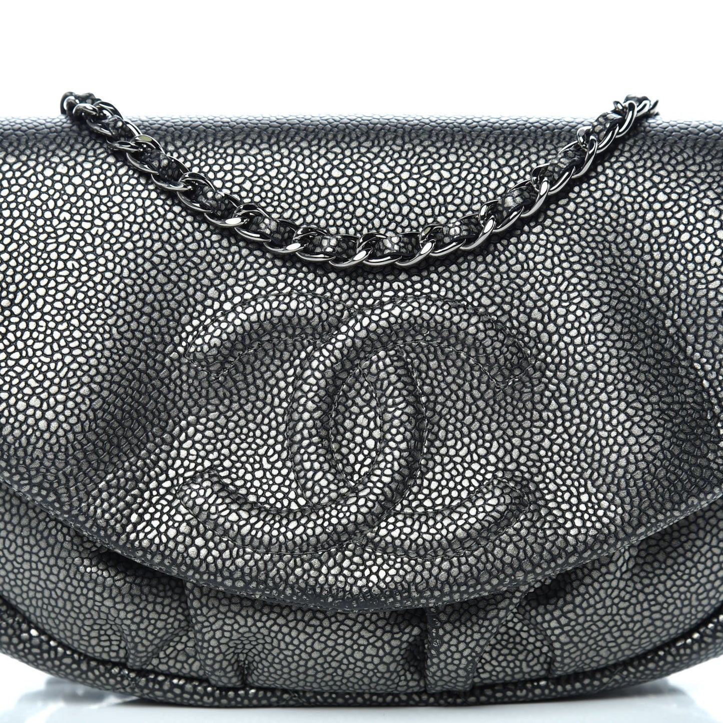 Metallic Caviar Half Moon Wallet On Chain WOC Dark Silver