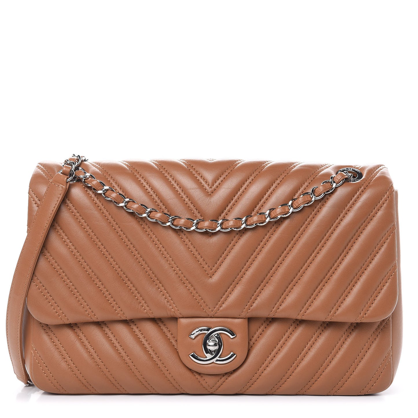 Lambskin Chevron Double Stitch Jumbo Single Flap Camel