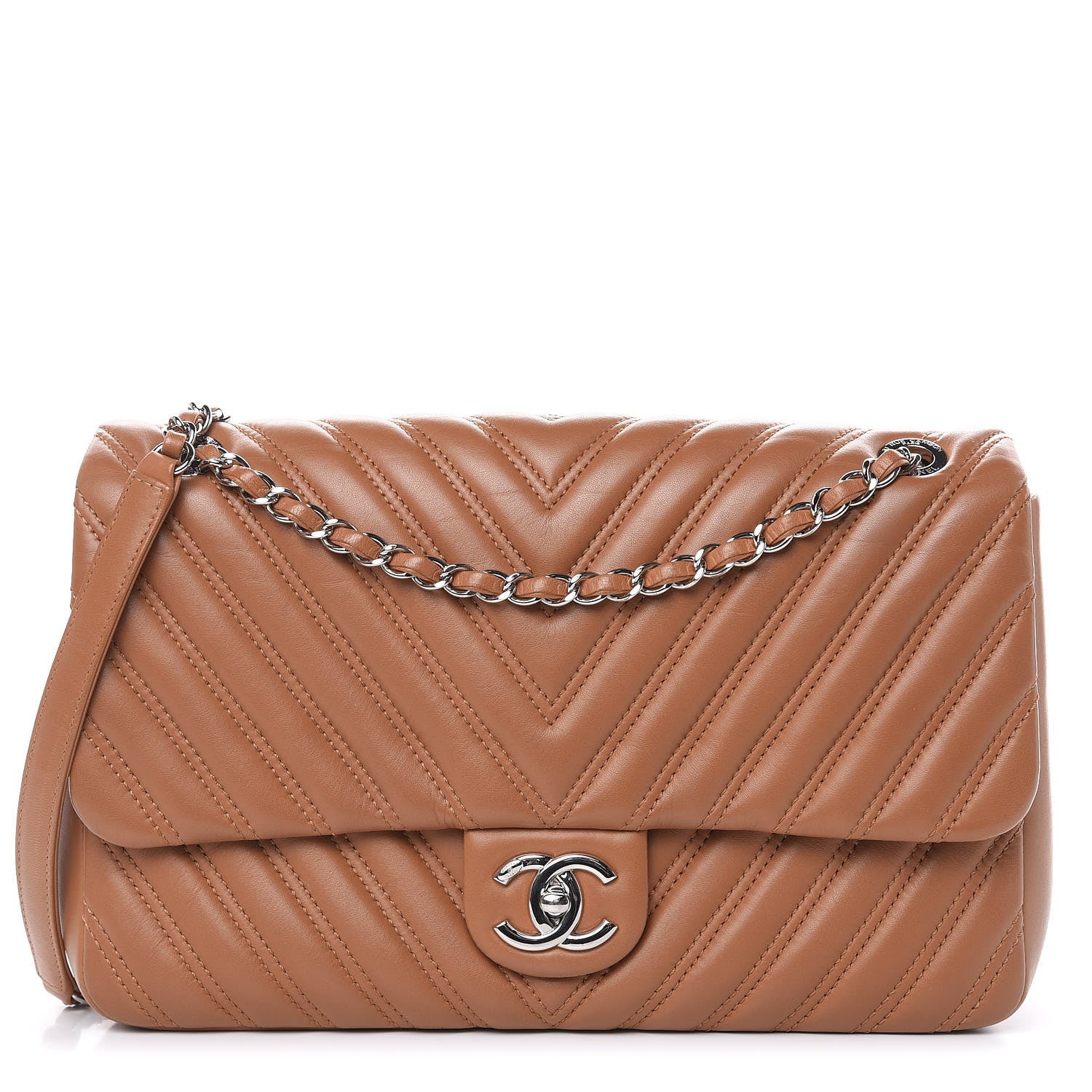 Chanel Lambskin Chevron Double Stitch Jumbo Single Flap Camel 1 of 13