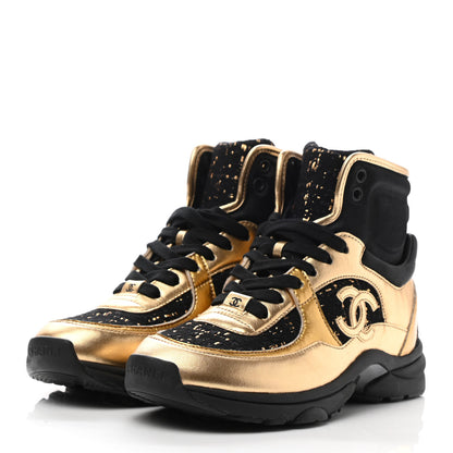Chanel Satin Lambskin Fabric Tweed CC High Top Sneakers 35.5 Black Gold 3 of 8