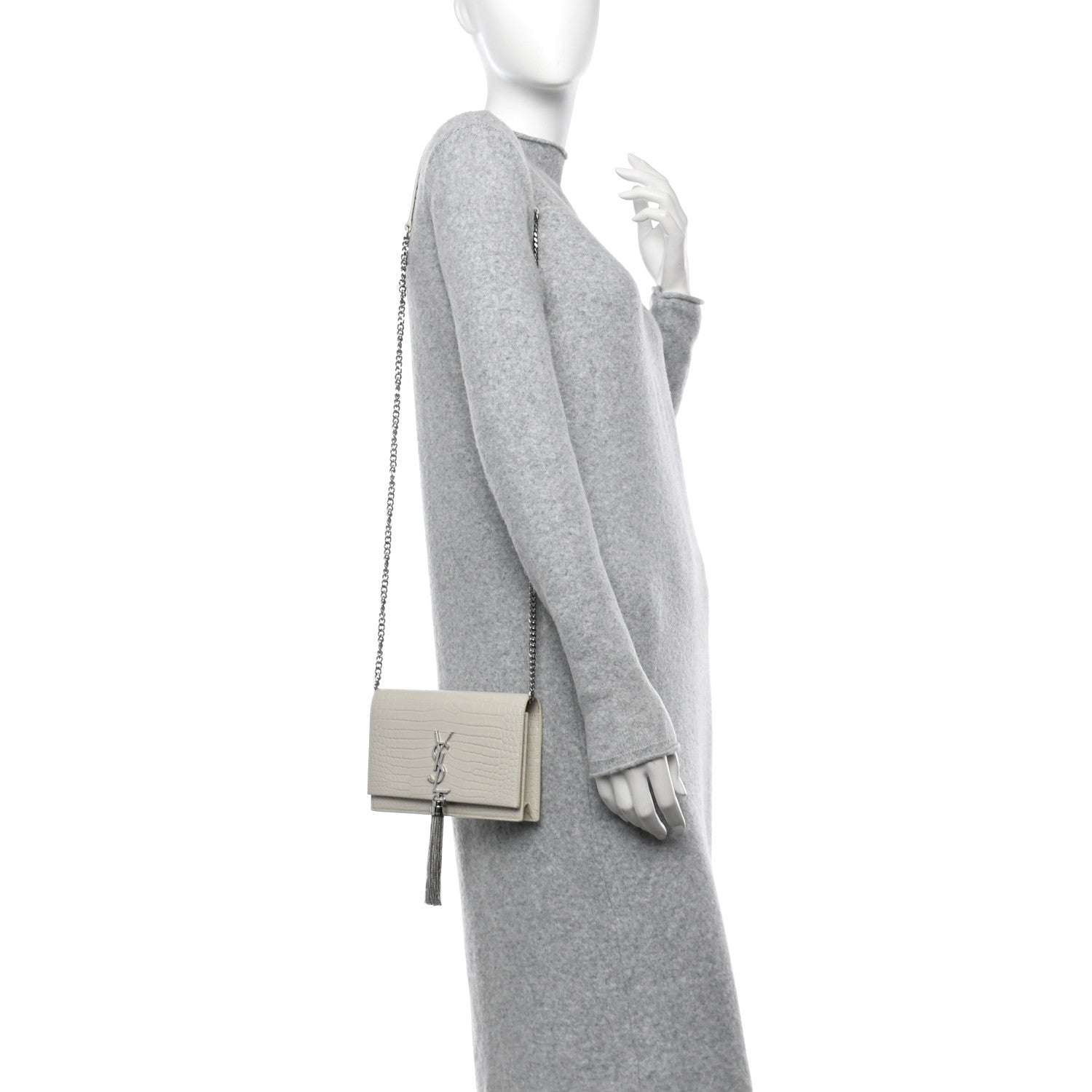 Saint Laurent Calfskin Crocodile Embossed Kate Monogram Tassel Chain Wallet Crema Soft 2 of 12