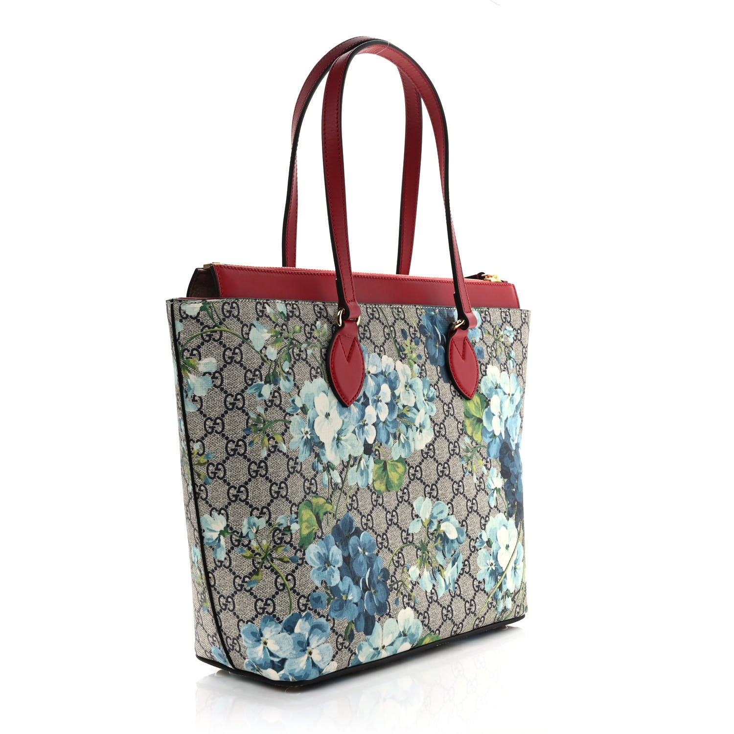 Gucci GG Supreme Monogram Blooms Medium Zippered Bucket Tote Beige Blue Navy Hibiscus Red 3 of 8