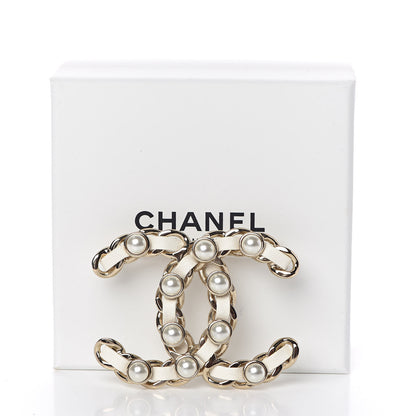 Chanel Lambskin Pearl Chain CC Brooch Gold White 5 of 5