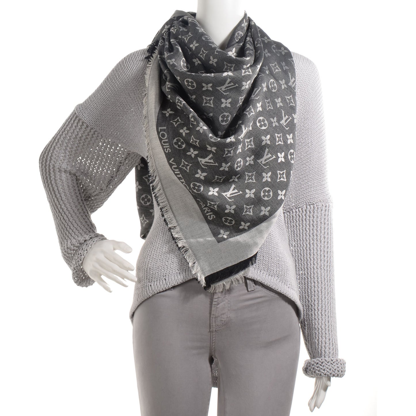 Silk Wool Monogram Denim Shawl Black