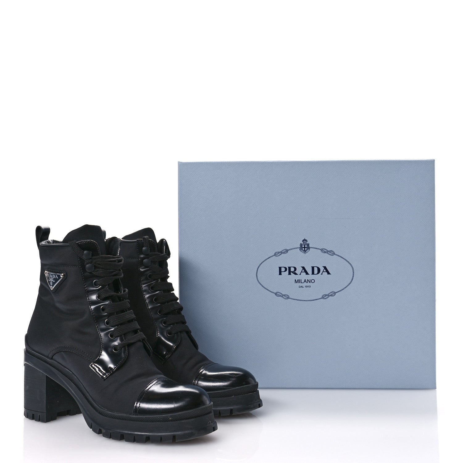 Prada Spazzolato Re-Nylon Metal Triangle Logo Lace Up 55mm Ankle Boots 39 Black 8 of 10