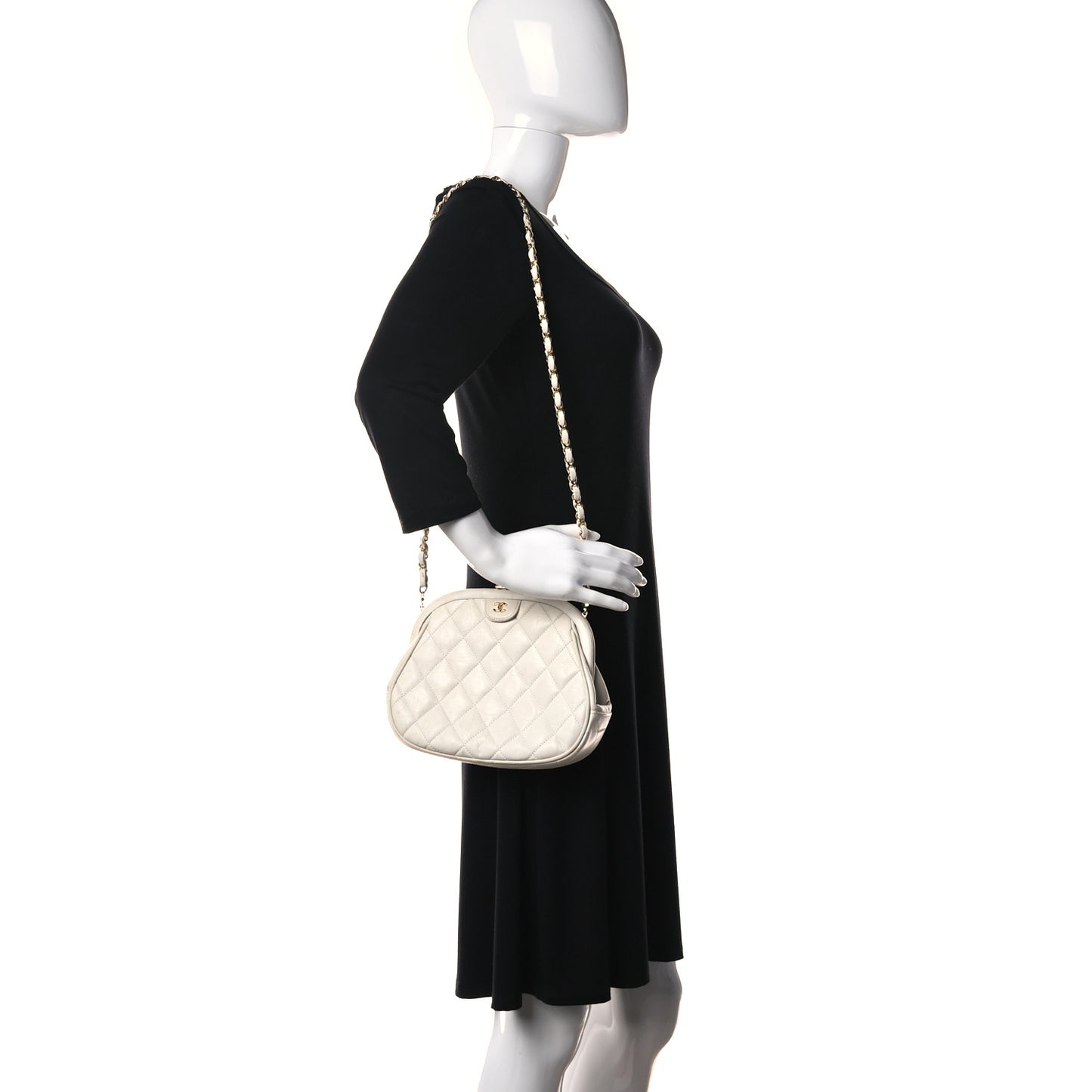 Lambskin Quilted CC Kiss Lock Evening Clutch White