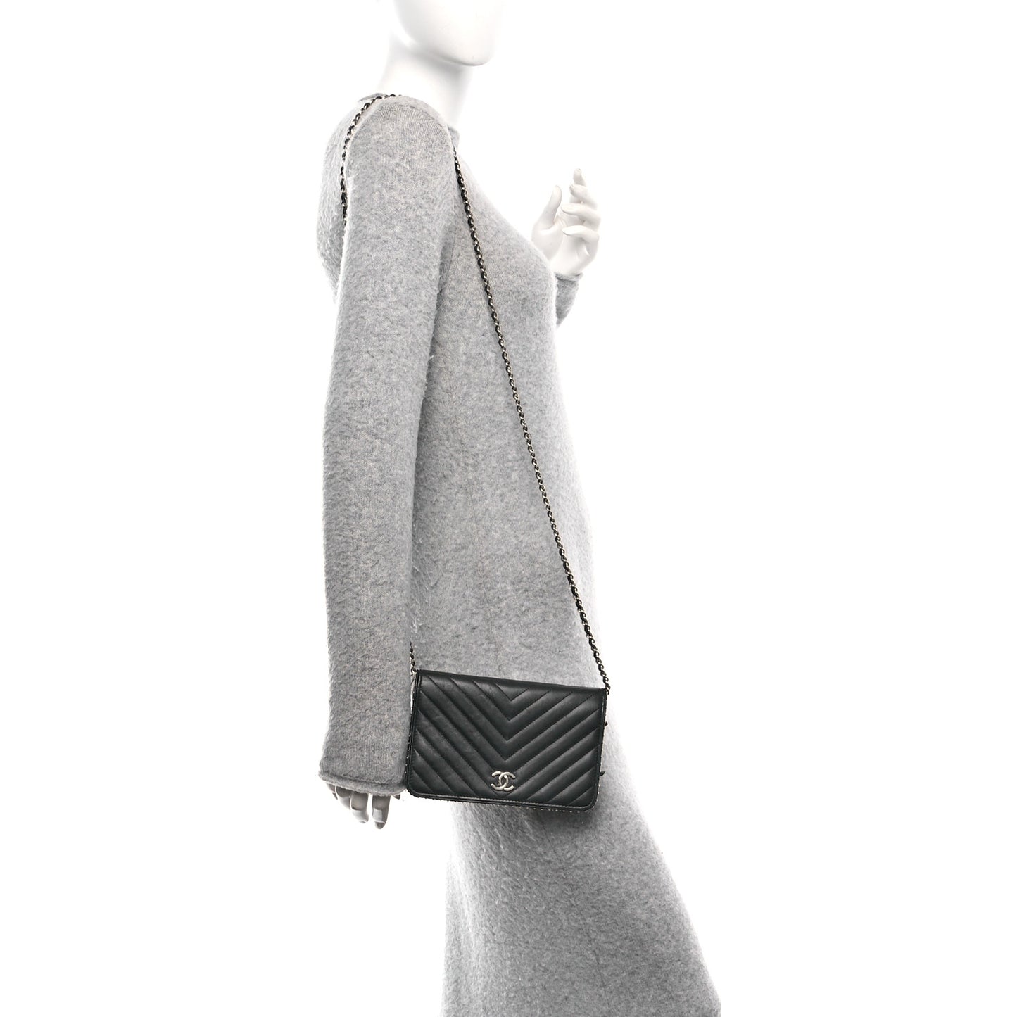 Lambskin Chevron Quilted Studded Wallet On Chain WOC Black