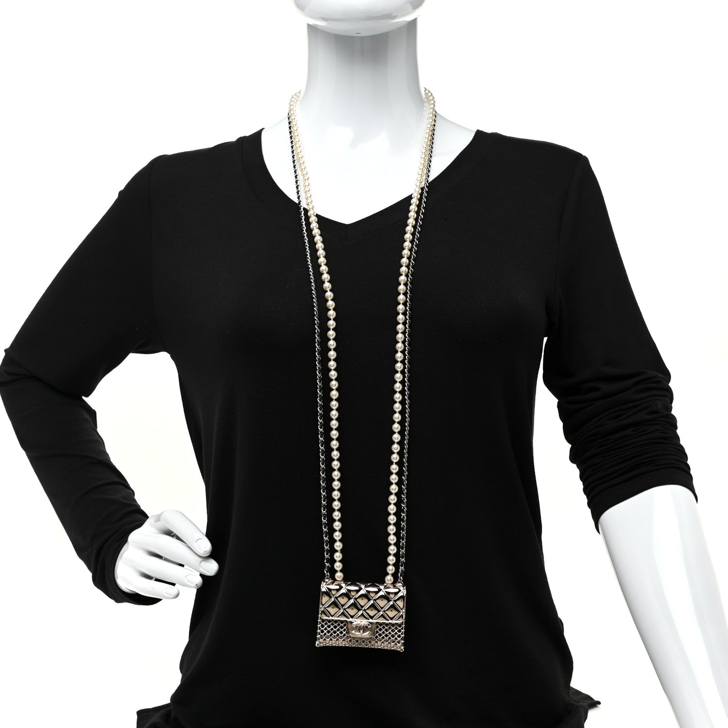 Chanel Metal Lambskin Pearl Chain Flap Bag Long Necklace Gold Black Pearly White 2 of 6