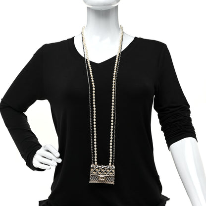 Chanel Metal Lambskin Pearl Chain Flap Bag Long Necklace Gold Black Pearly White 2 of 6