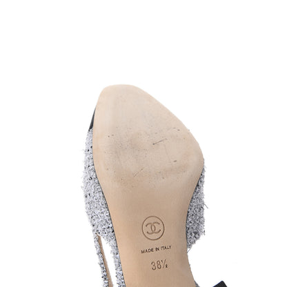 Chanel Tweed Grosgrain Cap Toe CC Slingback Pumps 38.5 Grey Silver Black 12 of 15