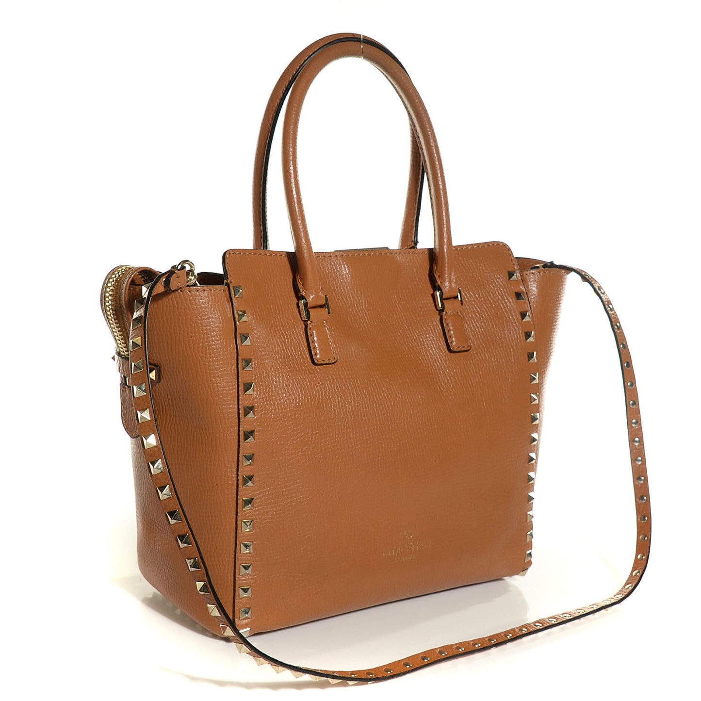 Textured Calfskin Rockstud Double Handle Tote Tan