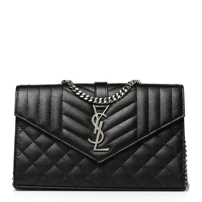 Saint Laurent Grain De Poudre Mixed Matelasse Triquilt Monogram Chain Wallet Black 1 of 9