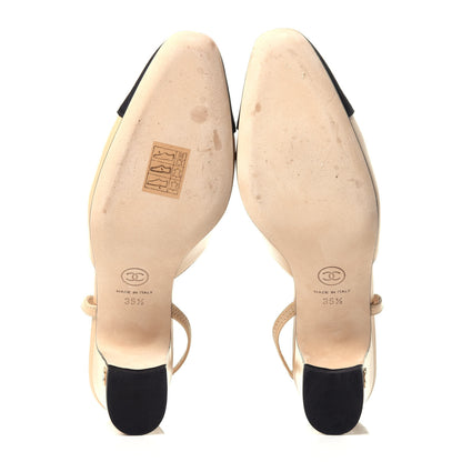 Chanel Goatskin Grosgrain Cap Toe CC Slingback Pumps 35.5 Beige Black 7 of 11