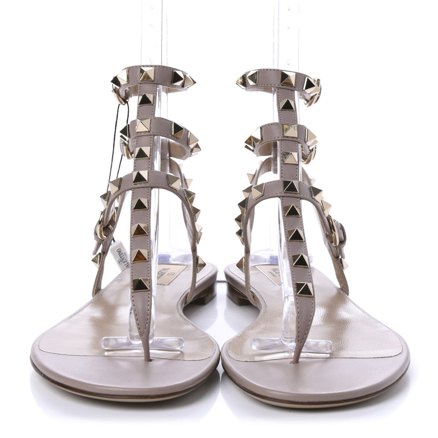 Calfskin Rockstud Ankle Wrap Flat Thong Sandals 39.5 Poudre