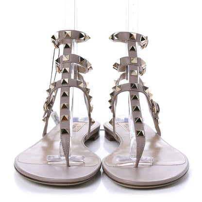 Valentino Garavani Calfskin Rockstud Ankle Wrap Flat Thong Sandals 39.5 Poudre 2 of 9