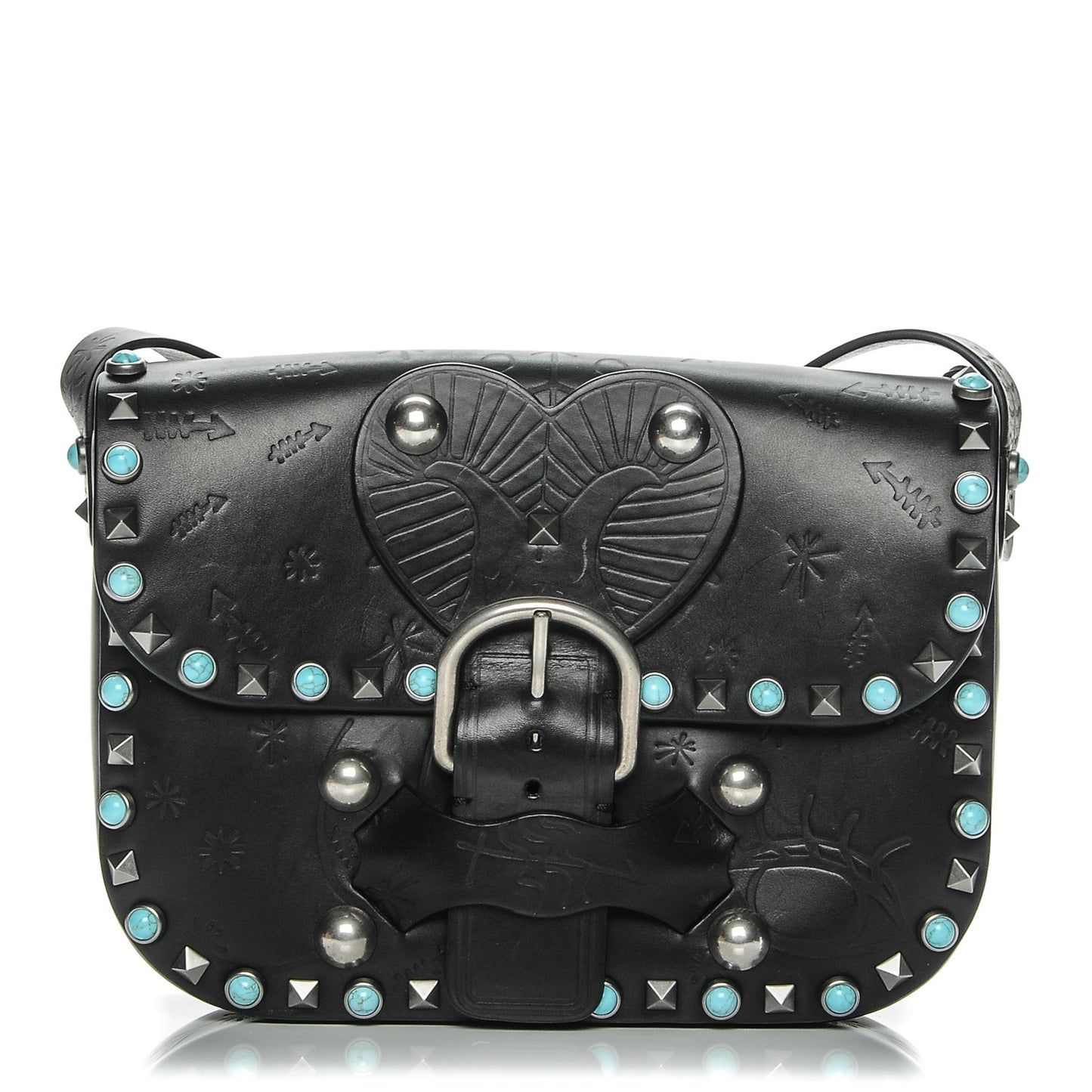 Calfskin Santeria Embossed Medium Rockstud Rolling Flap Saddle Bag Black