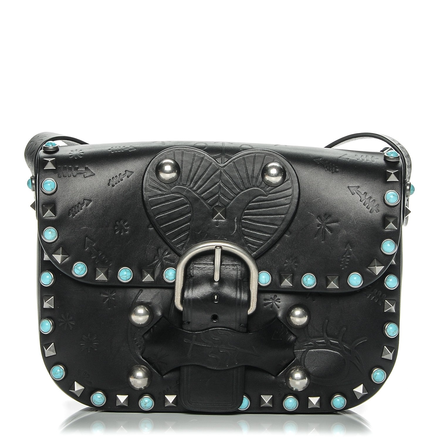 Valentino Garavani Calfskin Santeria Embossed Medium Rockstud Rolling Flap Saddle Bag Black 1 of 6