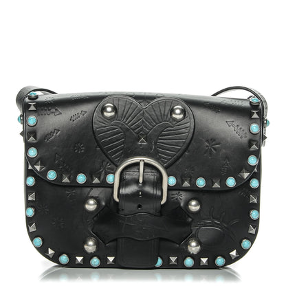 Valentino Garavani Calfskin Santeria Embossed Medium Rockstud Rolling Flap Saddle Bag Black 1 of 6