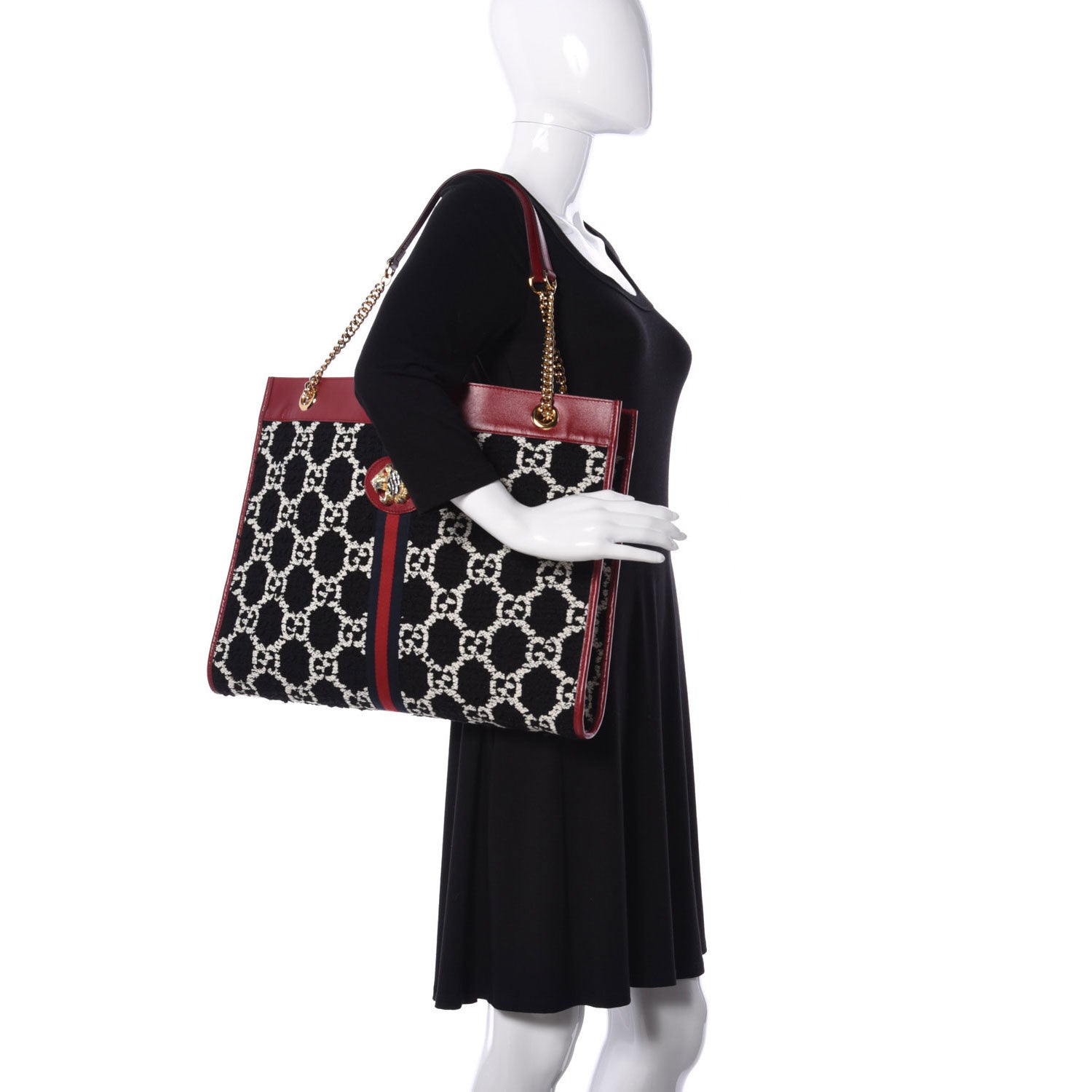 Gucci Tweed GG Monogram Large Rajah Chain Tote Romantic Cherry Black White 2 of 9