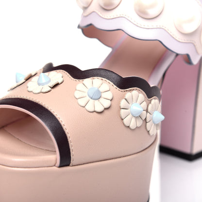 Fendi Calfskin Scalloped Pearl Studded Flower Embellished Platform Sandals 35 Beige Multicolor 13 of 14