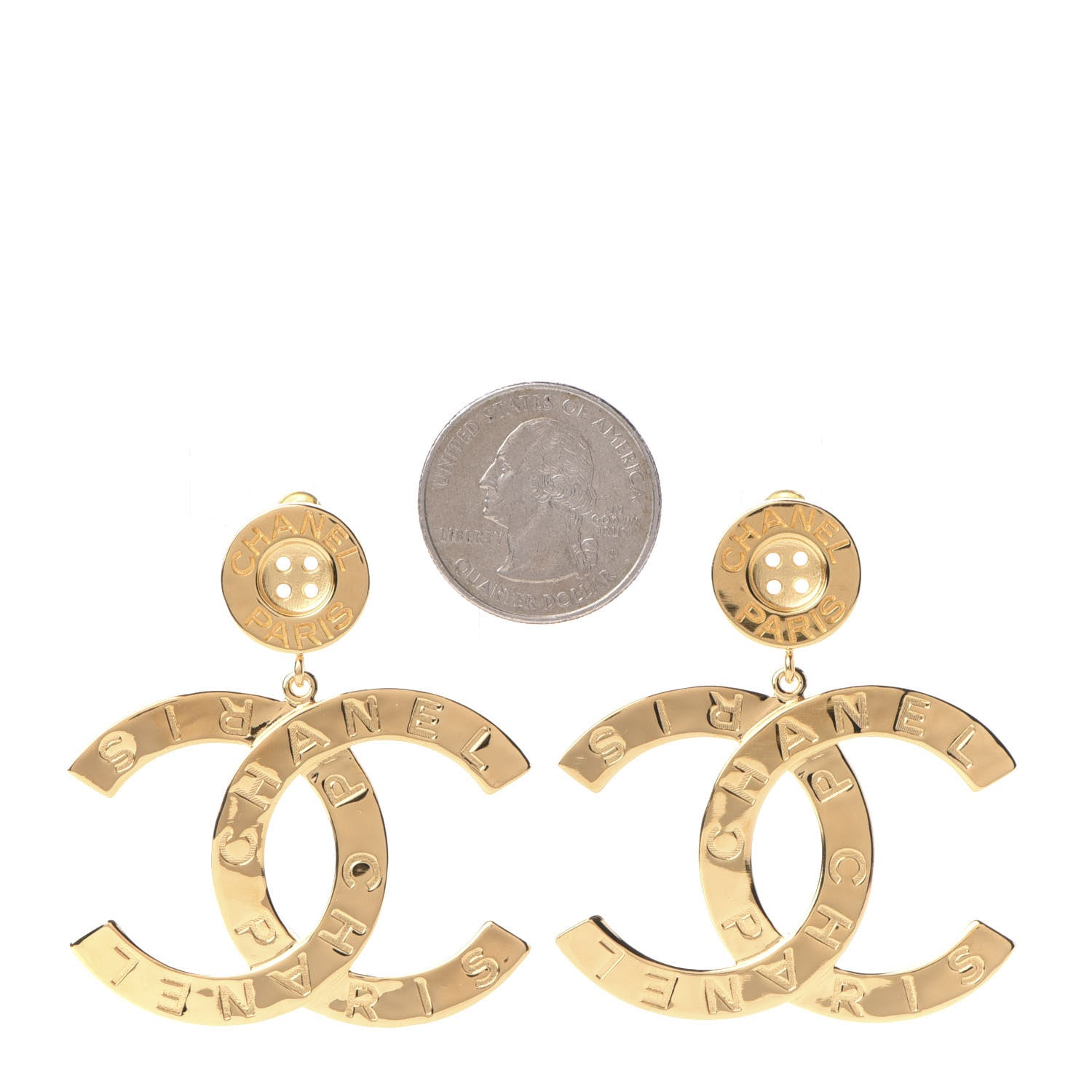 Chanel Metal Large Paris Button Earrings Gold 2 of 5