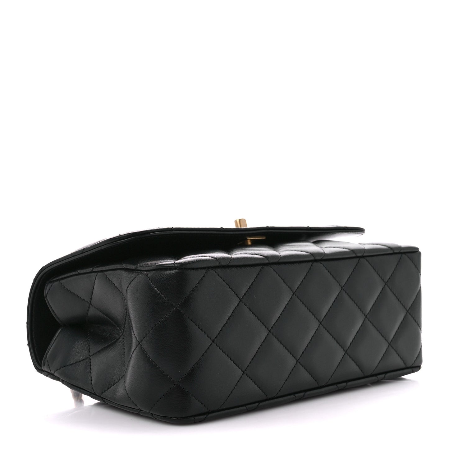 Lambskin Metal Quilted Twist Top Handle Flap With Chain Black