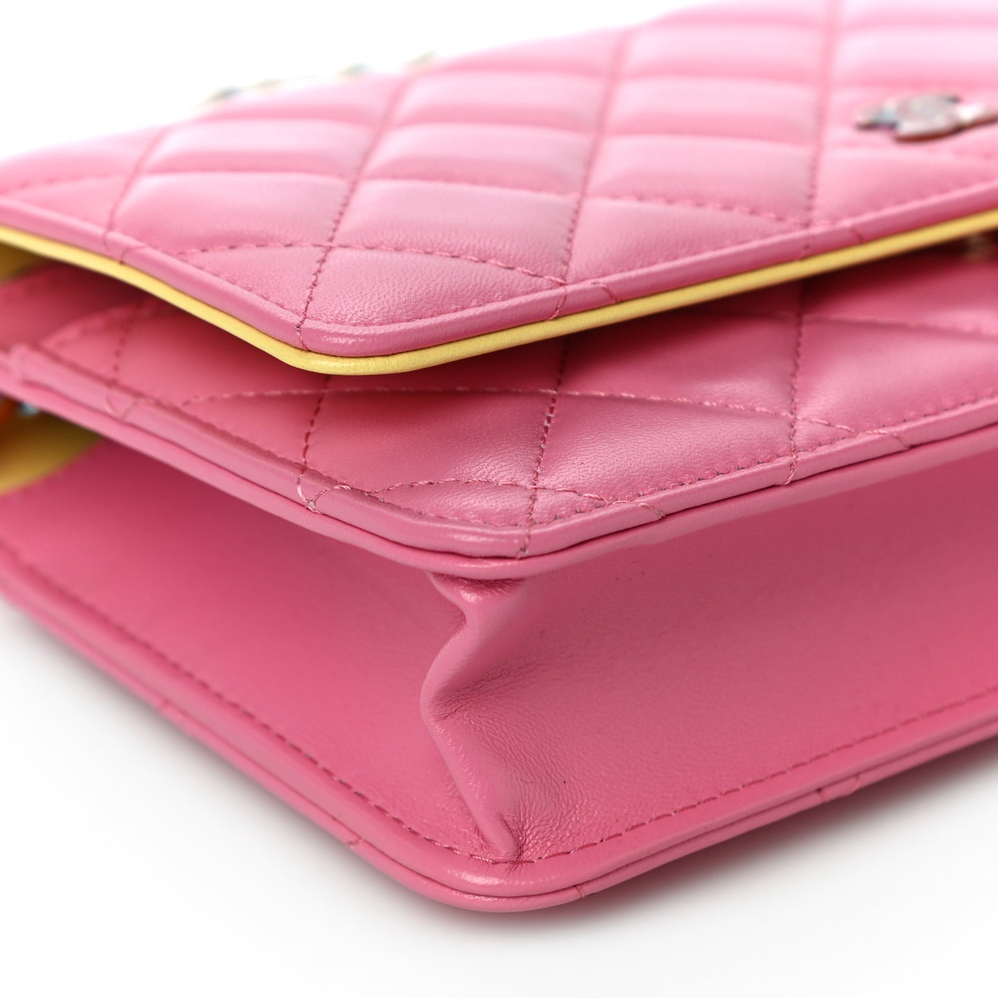 Lambskin Quilted Wallet On Chain WOC Pink Yellow