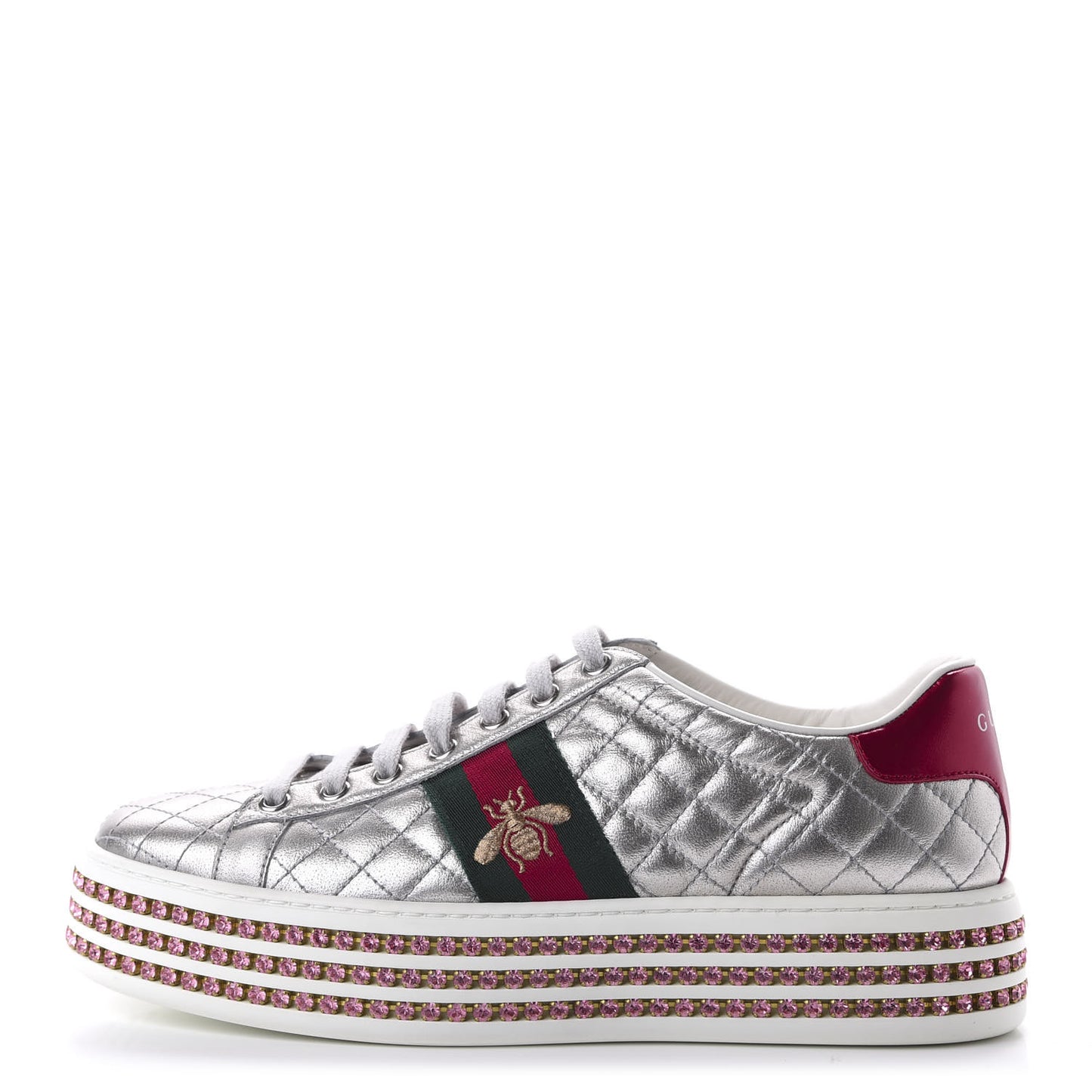 Laminated Nappa Crystal Web Bee Embroidered Trapuntata Womens Ace Platform Sneakers 38.5 Argento