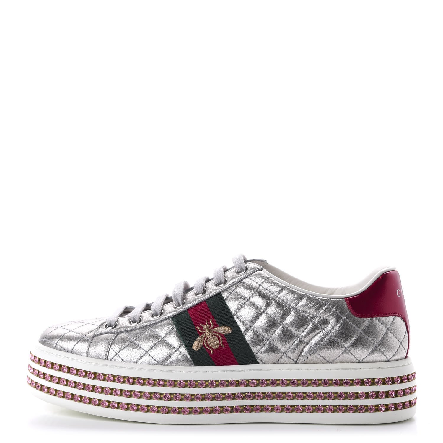 Gucci Laminated Nappa Crystal Web Bee Embroidered Trapuntata Womens Ace Platform Sneakers 38.5 Argento 1 of 7