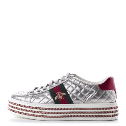 Gucci Laminated Nappa Crystal Web Bee Embroidered Trapuntata Womens Ace Platform Sneakers 38.5 Argento 1 of 7