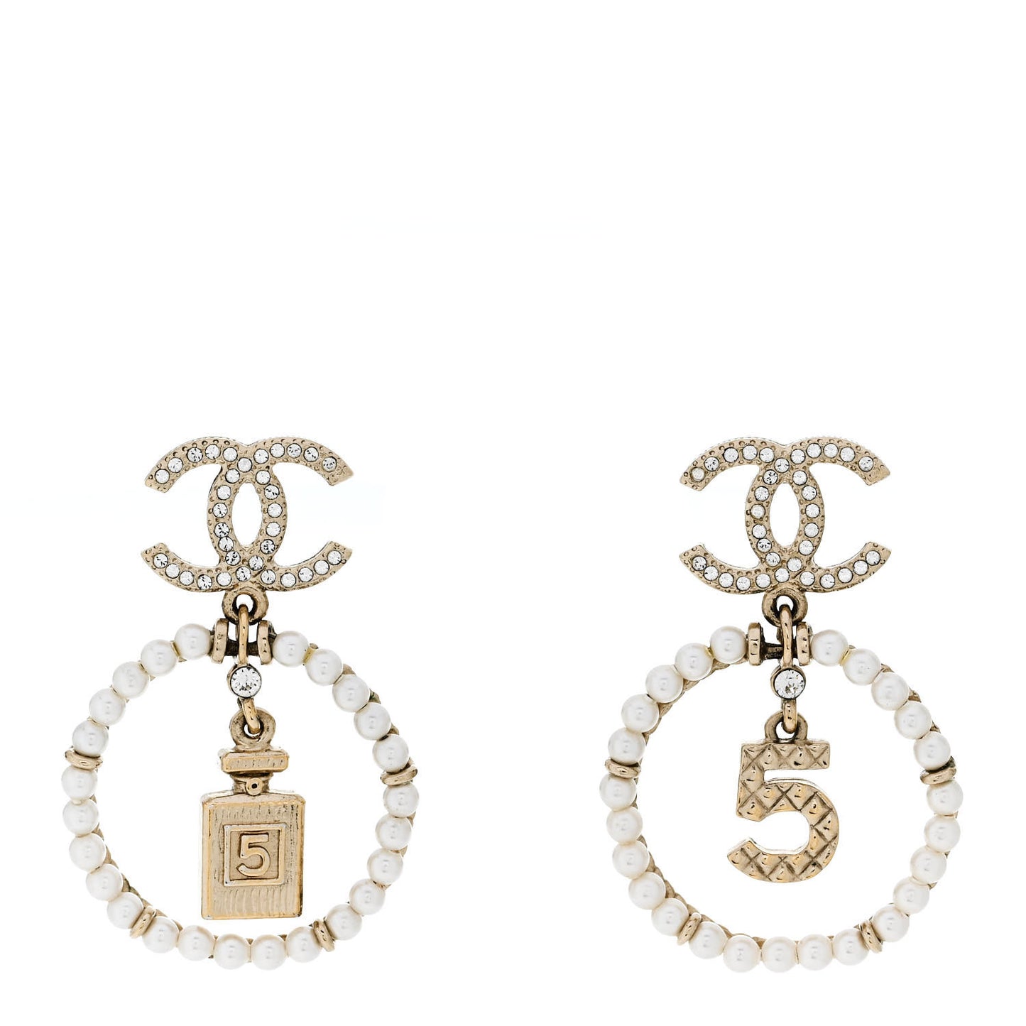 Crystal Pearl Chanel Charms CC Drop Earrings Gold