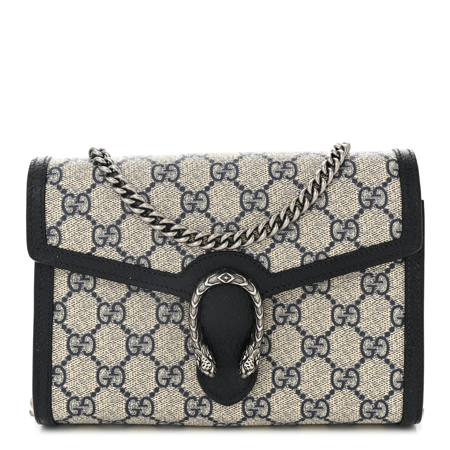 Gucci GG Supreme Monogram Textured Dollar Calfskin Mini Dionysus Chain Wallet Beige Blue 1 of 10