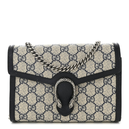 Gucci GG Supreme Monogram Textured Dollar Calfskin Mini Dionysus Chain Wallet Beige Blue 1 of 10