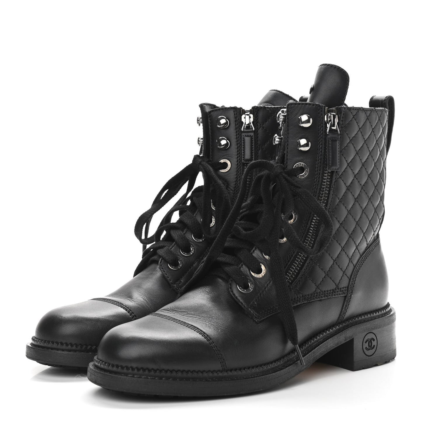 Calfskin Quilted Lace Up Boots 39 Black